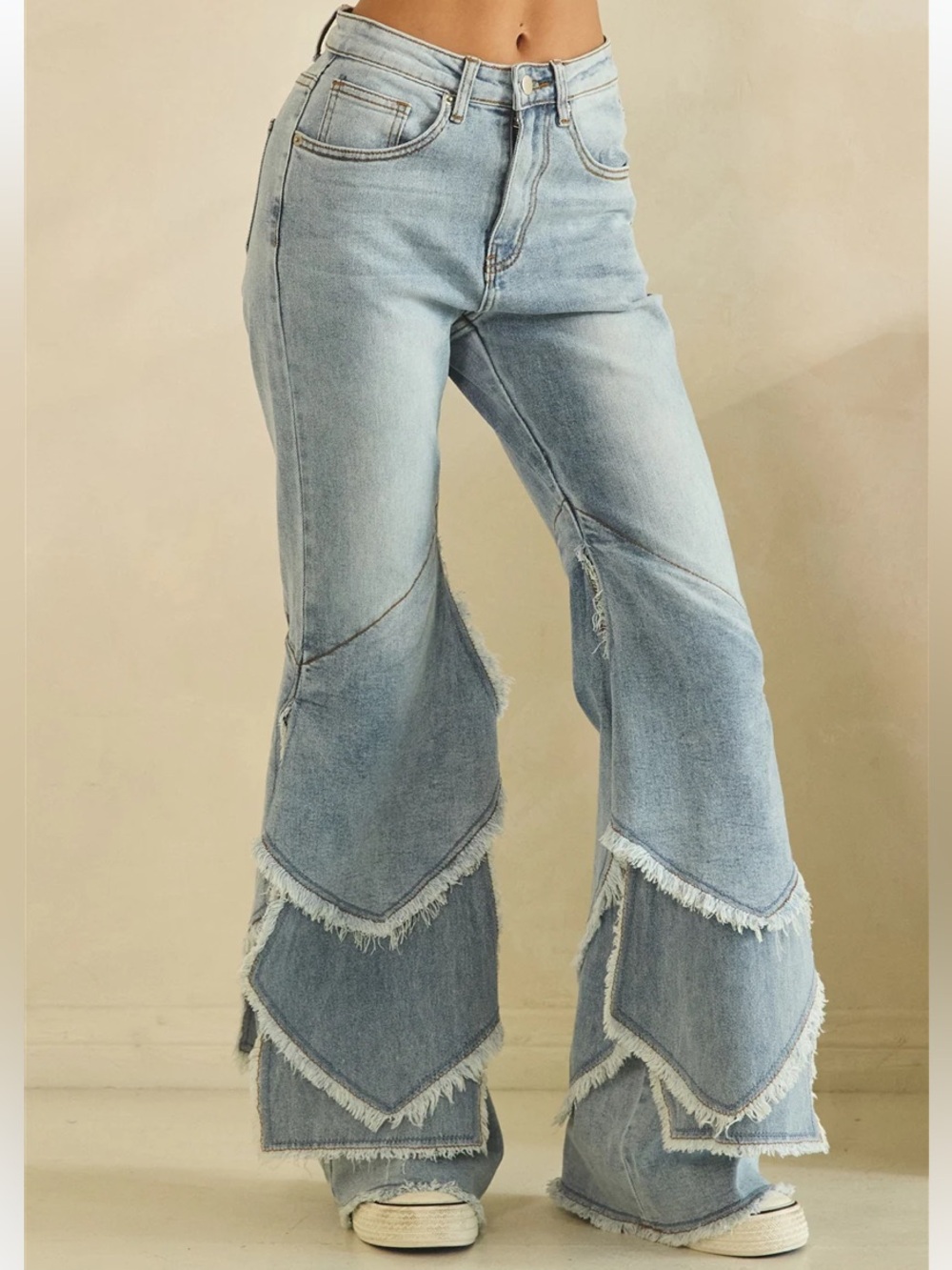 93 OLI & HALI ❤️ WASHED TIERED FRAYED HEM FLARE JEANS